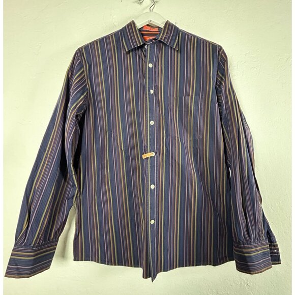 Faconnable Jeans Mens Striped Long-Sleeve Button-Up Shirt Medium Blue Cotton - Picture 1 of 7